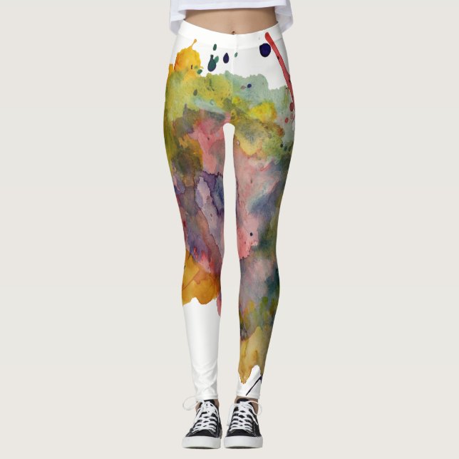 Colourful, Trendy Warm Abstract Watercolor Splashe Leggings (Front)
