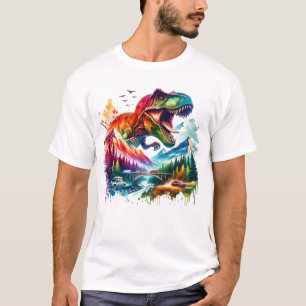 Colourful TRex Dinosaur Mountain Landscape T-Shirt
