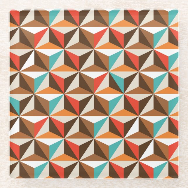 Colourful Triangle Tiles Vintage Pattern Glass Coaster (Front)