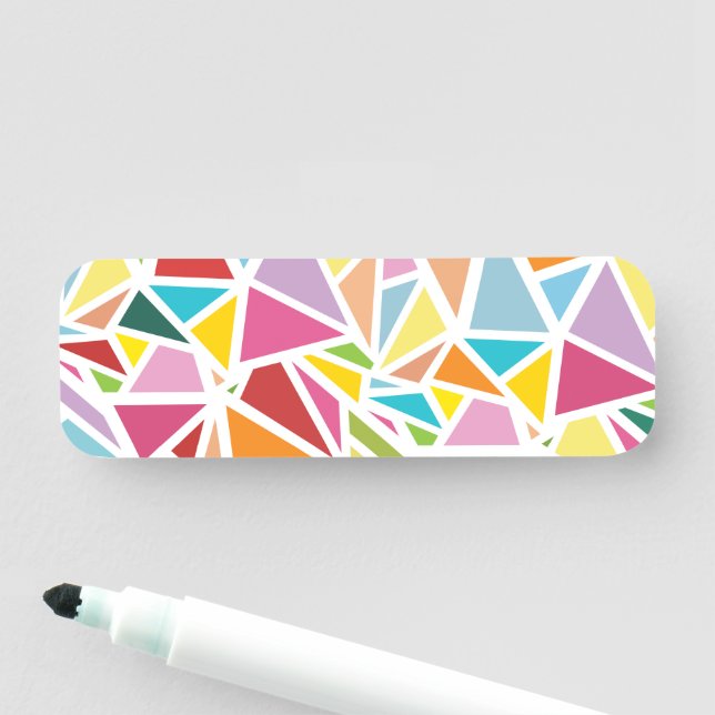 Colourful triangles pattern name tag (In Situ)