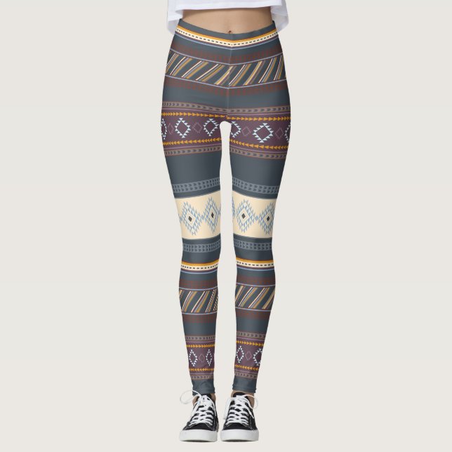 Colourful Tribal Aztec Art Blue Purple Dark Cute Leggings (Front)