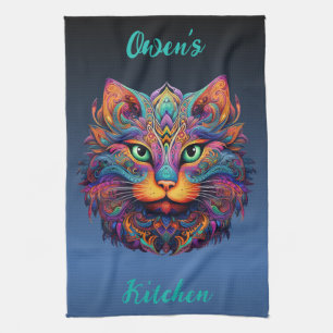Colourful Tribal Cat - Personalised Vibrant Boho Tea Towel