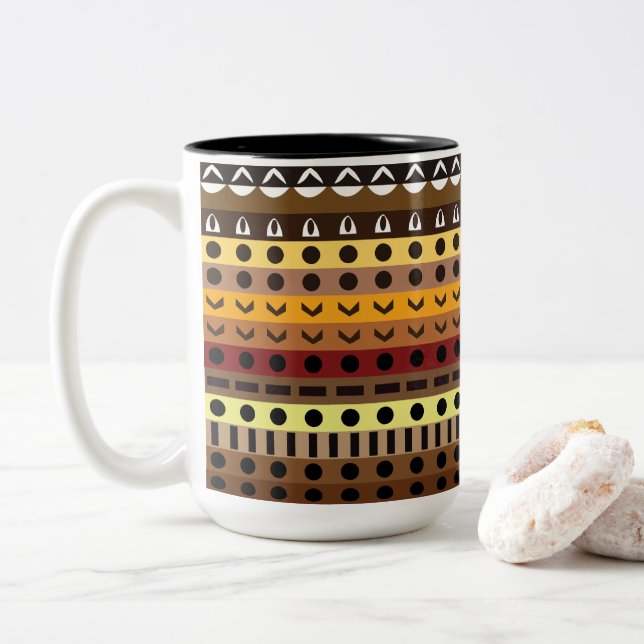 Colourful Tribal Deco Art Pattern Two-Tone Coffee Mug (With Donut)