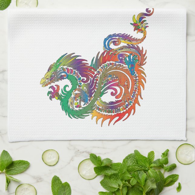 Colourful Tribal Dragon Tea Towel (Folded)
