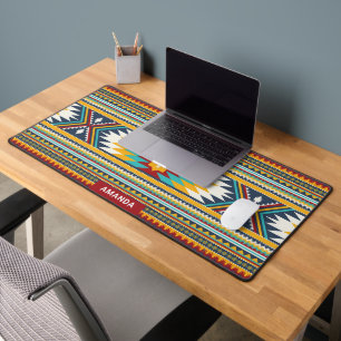Colourful tribal ethnic geometric pattern monogram desk mat