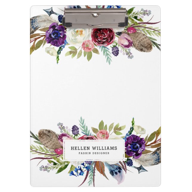 Colourful tribal feathers & flowers bouquet clipboard (Front)