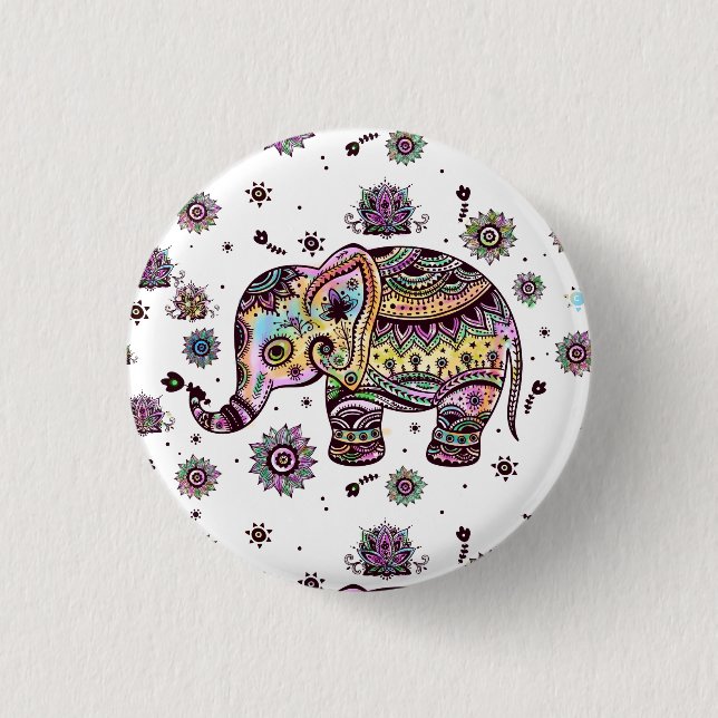 Colourful tribal flowers elephant 3 cm round badge (Front)