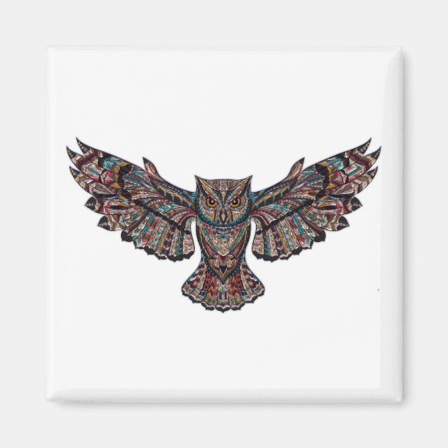 Colourful Tribal Flying Owl Magnet (Front)