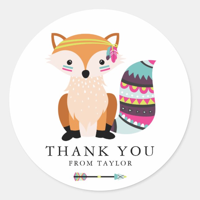 Colourful Tribal Fox Kids Birthday Thank You Classic Round Sticker (Front)