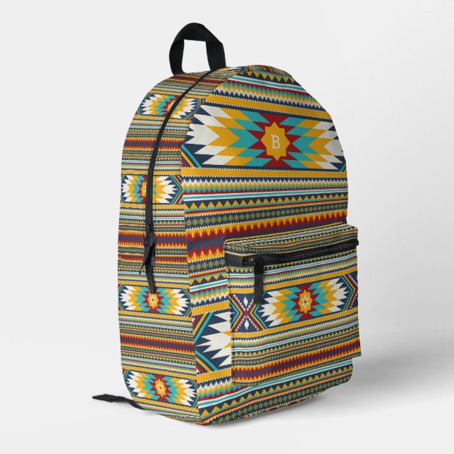 Colourful tribal geometric pattern, monogram printed backpack (Back Corner Left)