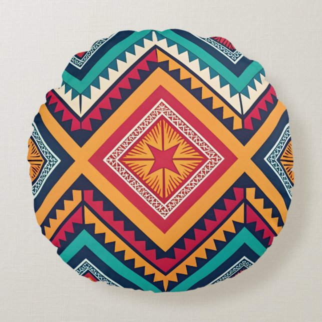 Colourful tribal pattern round cushion (Front)