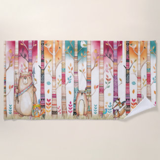 Colourful Tribal Woodland Forest Trees & Animals Beach Towel
