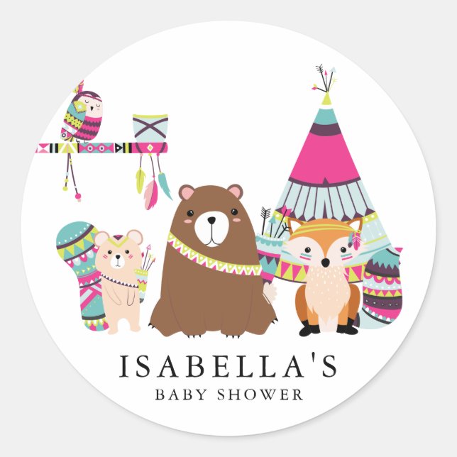Colourful Tribal Woodland Friends Baby Shower Classic Round Sticker (Front)