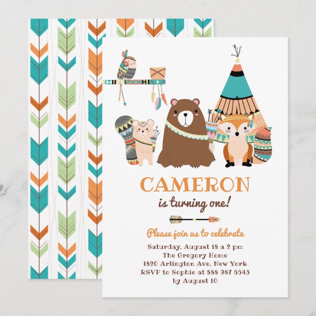 Colourful Tribal Woodland Friends Birthday Party Invitation (Front/Back)