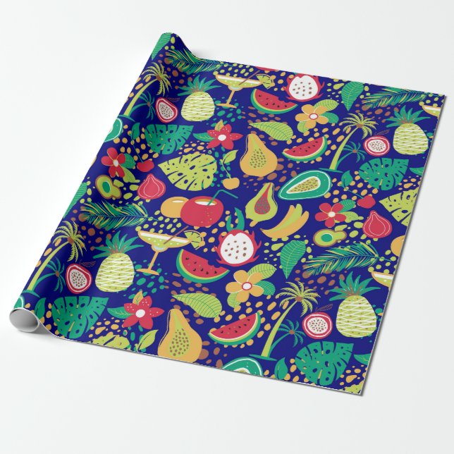 Colourful trifocal fruit and flowers pattern wrapping paper (Unrolled)