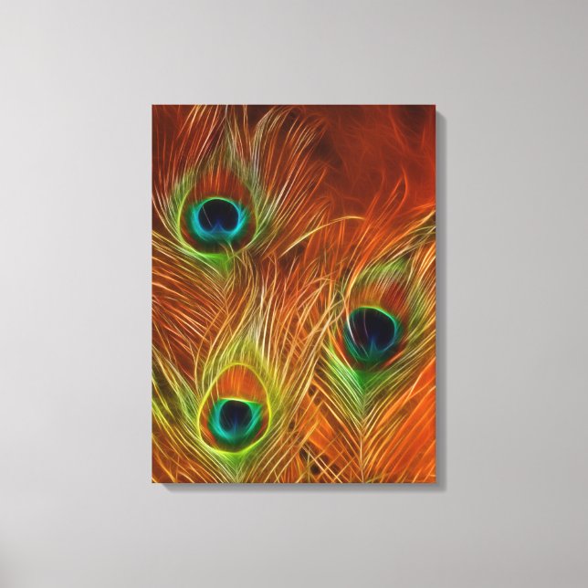 colourful trio peacock feathers wrapped canvas (Front)