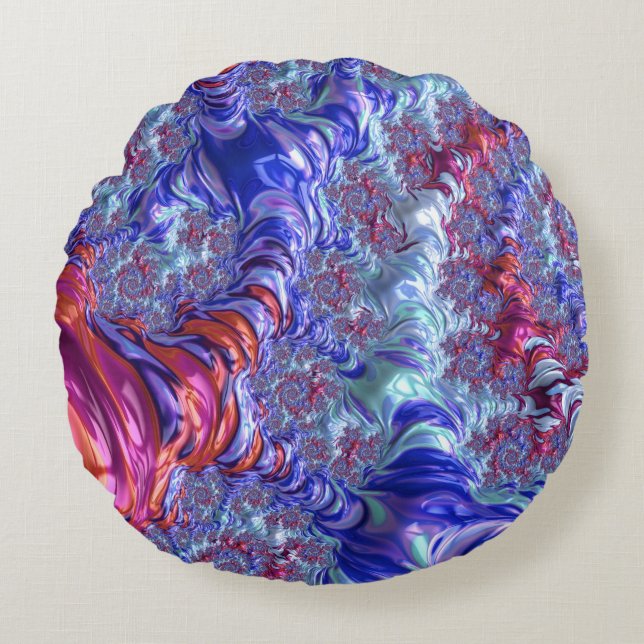 Colourful Trippy Groovy Digital Abstract Fractal Round Cushion (Front)