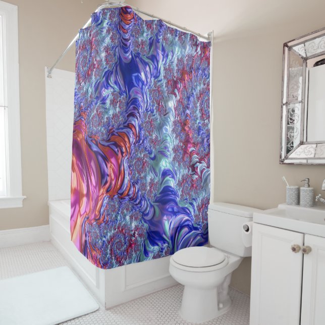 Colourful Trippy Groovy Digital Abstract Fractal Shower Curtain (In Situ)