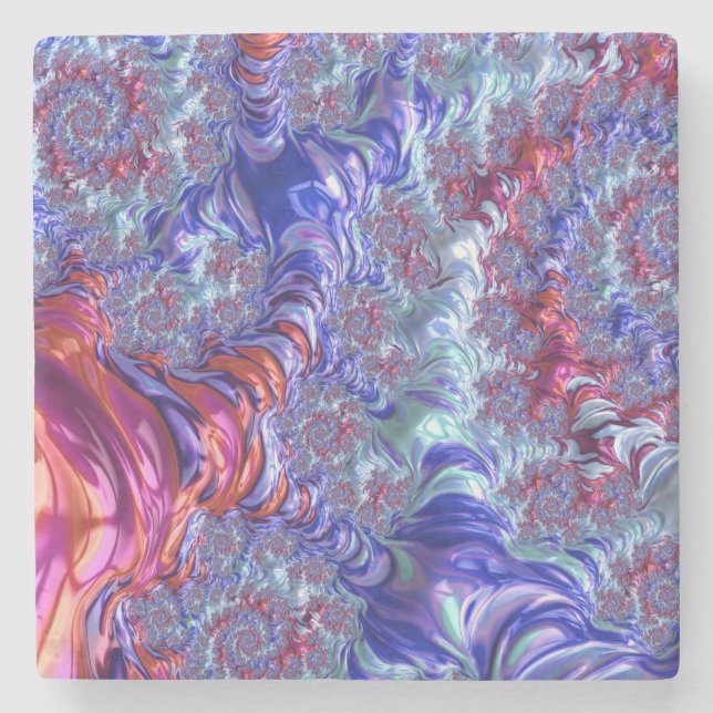 Colourful Trippy Groovy Digital Abstract Fractal Stone Coaster (Front)