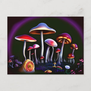 Colourful Trippy Mushrooms and a tiny fairy house Postcard
