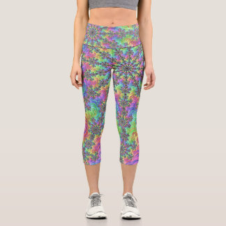 Colourful Trippy Vibrant Groovy Fractal Burst Capri Leggings