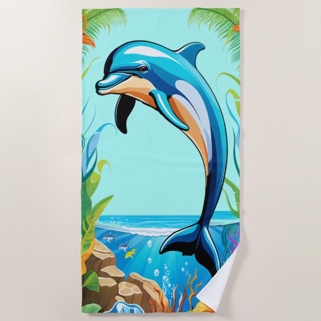 Colourful Tropical Beach Dolphin Jumping Beach Towel (Front)