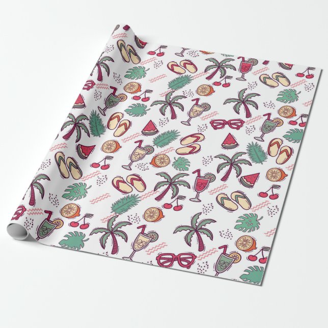 Colourful tropical beach vacation themed pattern wrapping paper (Unrolled)