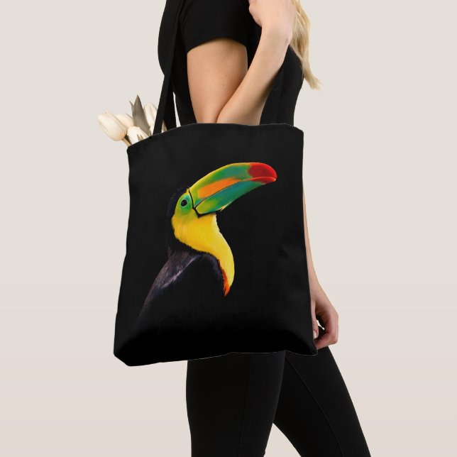 Colourful Tropical Bird Black Yellow Green Toucan Tote Bag (Close Up)
