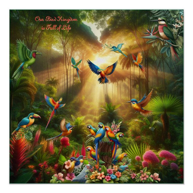 Colourful tropical birds among vibrant, lush plans poster (Front)
