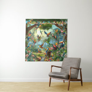 Colourful tropical birds among vibrant, lush plans tapestry