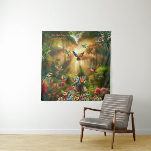 Colourful tropical birds among vibrant, lush plans tapestry