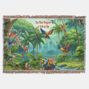 Colourful tropical birds among vibrant, lush plans throw blanket