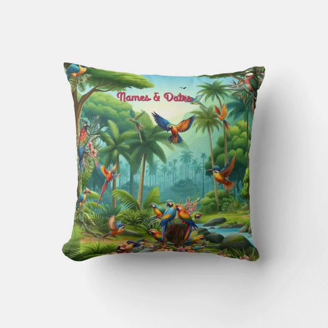 Colourful Tropical Birds among Vibrant, Lush Plant Cushion (Front)