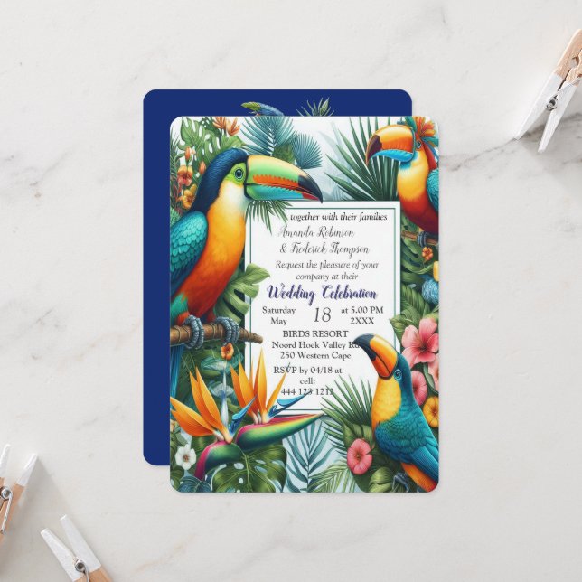 Colourful Tropical Birds among Vibrant, Lush Plant Invitation (Front/Back In Situ)