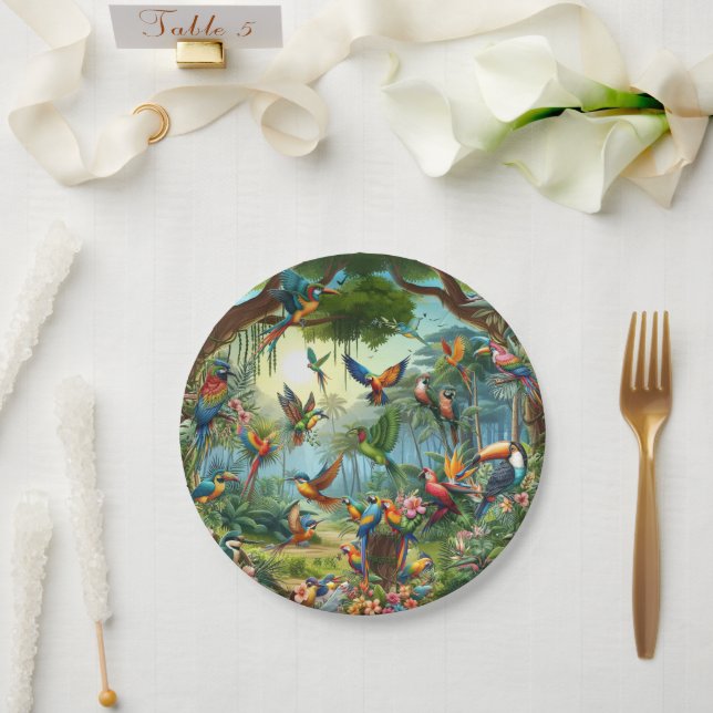 Colourful tropical birds among vibrant, lush plant paper plate (Wedding)