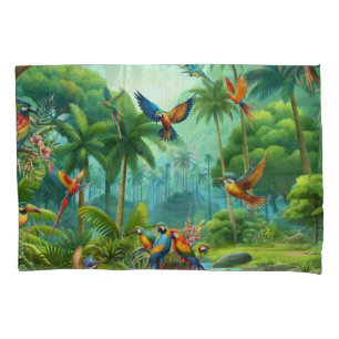 Colourful Tropical Birds among Vibrant, Lush Plant Pillowcase