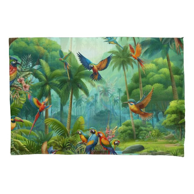 Colourful Tropical Birds among Vibrant, Lush Plant Pillowcase (Front)