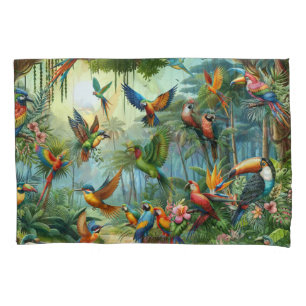 Colourful Tropical Birds among Vibrant, Lush Plant Pillowcase