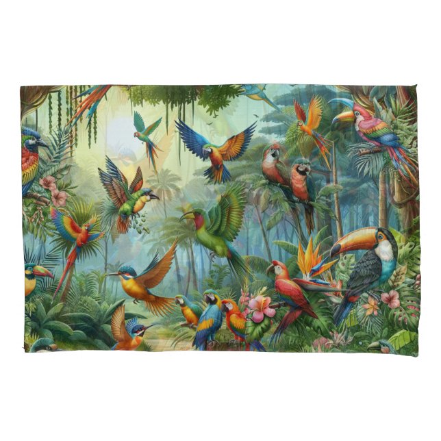 Colourful Tropical Birds among Vibrant, Lush Plant Pillowcase (Front)