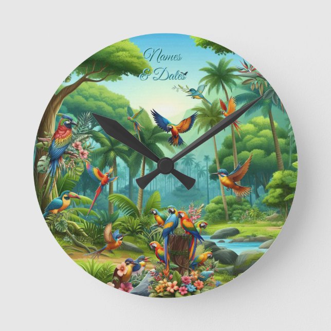 Colourful Tropical Birds among Vibrant, Lush Plant Round Clock (Front)