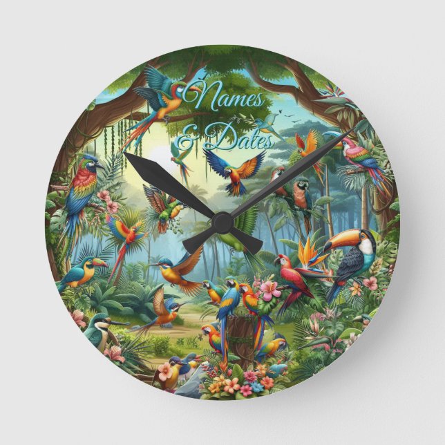 Colourful Tropical Birds among Vibrant, Lush Plant Round Clock (Front)