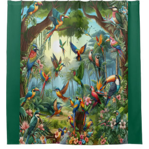 Colourful Tropical Birds among Vibrant, Lush Plant Shower Curtain