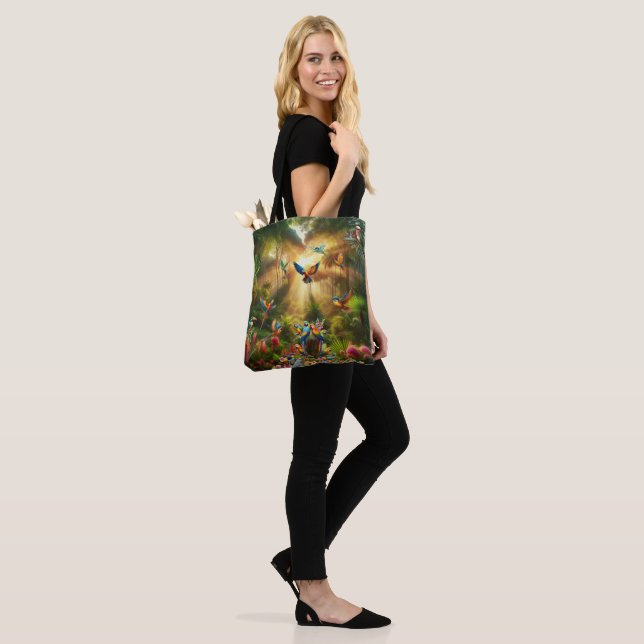 Colourful Tropical Birds among Vibrant, Lush Plant Tote Bag (On Model)