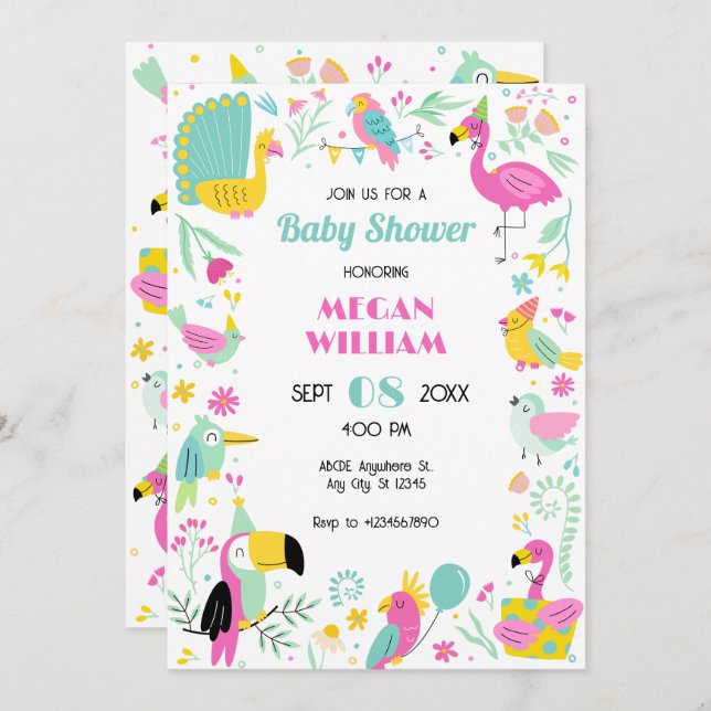 Colourful tropical birds baby shower invitation (Front/Back)