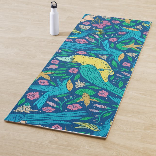 Colourful tropical birds & flowers pattern yoga mat (In Situ)