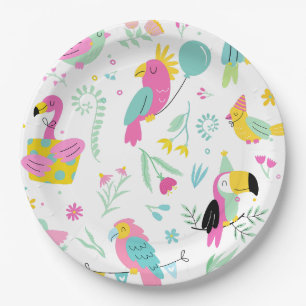 Colourful tropical birds paper plate