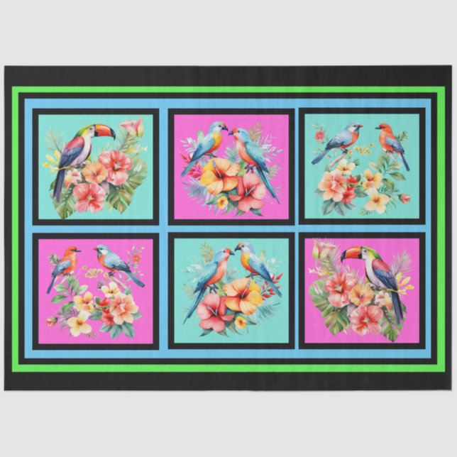 Colourful Tropical Birds Tile Pattern Decoupage Tissue Paper (Front)