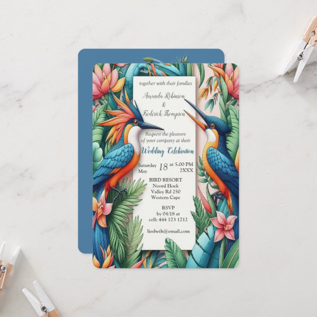 Colourful Tropical Birds & Vibrant, Lush Plants Invitation (Front/Back In Situ)