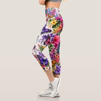 Colourful Tropical Butterfly Floral Garden Pattern Capri Leggings