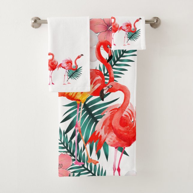 Colourful Tropical Coral Pink Flamingo  Bath Towel Set (Insitu)